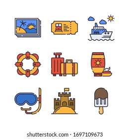 Summer Holiday icon set (Filled Line) = photo, ticket, cruise, life guard, suitcase, sun cream, diving mask, sand castle, ice cream
