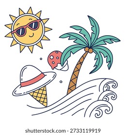 Sommerferiensymbol im flachen minimalen Vektorstil mit Sonne, Sonnenbrille, Strandhut, Eis, Palmen und Meereswellen-Elementen. Helle Farben mit sauberen Umrissen auf weißem Hintergrund, perfekt für mobile Apps, Websites, UI-Design, Reiseaktionen, saisonale Markendarstellung und moderne digitale Projekte. Hohe Qualität ohne Text.