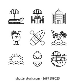 Summer Holiday icon set = sun bed, terrace, hotel building, cocktail, kayak boat, island, sunset, bikini, coconut