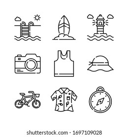 Summer Holiday icon set = swimming pool, surfing board, lighthouse, camera, tank top, pamela hat, bike, hawaiian shirt, compass