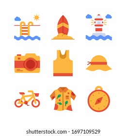 Summer Holiday icon set = swimming pool, surfing board, lighthouse, camera, tank top, pamela hat, bike, hawaiian shirt, compass