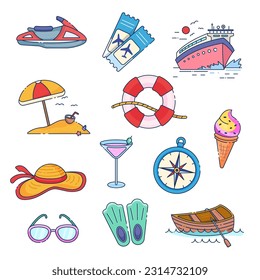 Summer holiday icon set. Touristic vector illustration. Vacation thematic items.