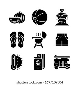 Summer Holiday icon set = watermelon, beach ball, sand bucket, sandals, barbeque, shorts, thermometer, passport, van