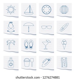 Summer and Holiday Icons on a piece of paper - Vector Icon Set