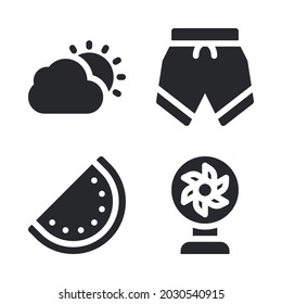 Iconos de vacaciones de verano = nublado, pantalones cortos, sandía, ventilador. Perfecto para aplicaciones móviles de sitios web, iconos de aplicaciones, presentación, ilustración y cualquier otro proyecto.