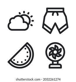 Summer holiday icons set = cloudy, shorts, watermelon, fan. Perfect for website mobile app, app icons, presentation, illustration and any other projects.