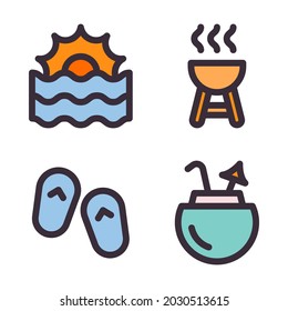 Summer holiday icons set (Filled Line) = sunset, bbq grill, flip flop, coconut drink. Perfect for website mobile app, app icons, presentation, illustration and any other projects.