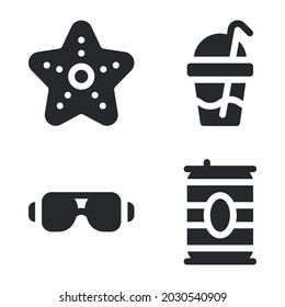 Summer holiday icons set = starfish, drink, eyeglasses, soda. Perfect for website mobile app, app icons, presentation, illustration and any other projects.