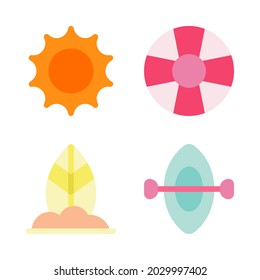 Summer holiday icons set = sun, lifebuoy, surfboard, kayak. Perfect for website mobile app, app icons, presentation, illustration and any other projects.