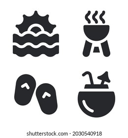 Summer holiday icons set = sunset, bbq grill, flip flop, coconut drink. Perfect for website mobile app, app icons, presentation, illustration and any other projects.