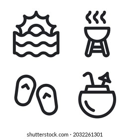 Summer holiday icons set = sunset, bbq grill, flip flop, coconut drink. Perfect for website mobile app, app icons, presentation, illustration and any other projects.