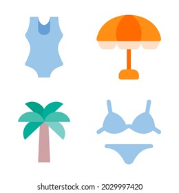 Summer holiday icons set = swimsuit, umbrella, palm tree, bikini. Perfect for website mobile app, app icons, presentation, illustration and any other projects.