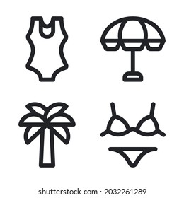 Summer holiday icons set = swimsuit, umbrella, palm tree, bikini. Perfect for website mobile app, app icons, presentation, illustration and any other projects.