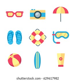 Summer and holiday icons set, umbrella beach, ball, life boat, sunblock, surf board