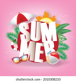 Summer Holiday Illustration with 3D Typography Letter on Pink Background. Summer Vector Design for Banner, Flyer, Invitation, Brochure