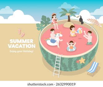 Summer holiday illustration background. Boys and girls are playing in the water.