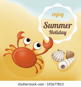 Summer Holiday illustration with crab, shells and label on the beach.