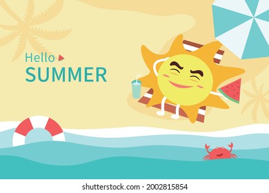 Summer holiday illustration. Cute sun cartoon is sunbathing on the beach.
