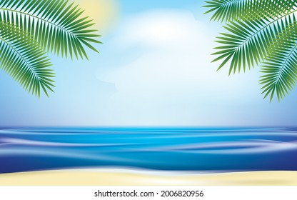 Summer Holiday Illustration with Green Plants, Blue Ocean and Sky Background. Summer Vector Design for Banner, Flyer, Invitation, Brochure