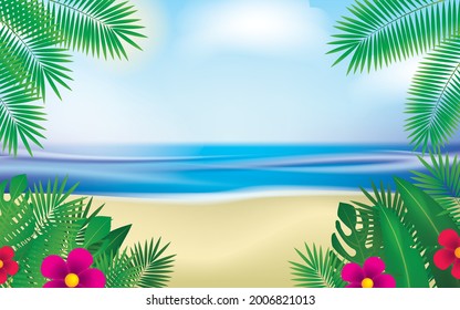 Summer Holiday Illustration with Green Plants, Blue Ocean and Sky Background. Summer Vector Design for Banner, Flyer, Invitation, Brochure