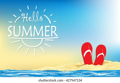 Summer holiday illustration with lettering. Sand beach, flip - flops and sea at sunset. 