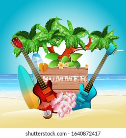 Summer Holiday Illustration  on tropical sand island. Tropical Plants, Flower, guitar, suitcase, Surf Board and Sunshade
