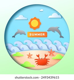 Summer holiday illustration with paper cut style symbols and icons for greeting cards. Invitation background. Ideal for advertising, banners, cards, stickers and greeting card.
