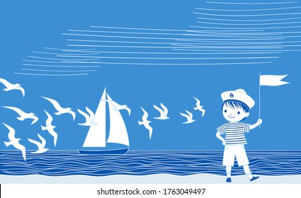 Sommerferien-Illustration. Meereslandschaft Hintergrund mit einem glücklichen kleinen Jungen in Segelkostüm, Yacht und Segel gekleidet. Grußkarte