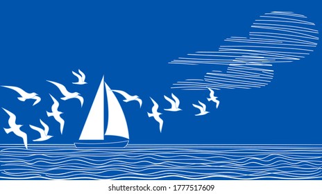 Summer holiday illustration. Sea landscape background with stylized clouds, yacht and flying seagulls. Greeting card, marine theme.