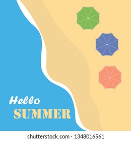 Summer holiday illustration. Top view on umbrellas,sea and sand. Vector beach design.