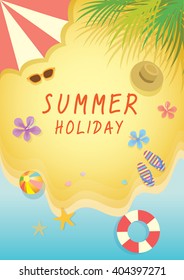 Summer holiday illustration vector shore with object for travel at beach background  in holiday vacation.