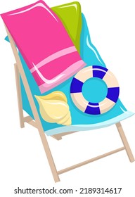 Summer holiday, inflatable ring, towel, seashell. Vector illustration.
