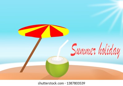 Summer holiday island beach with coconut water drink Design for banner or poster. Vector illustration sign.