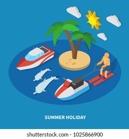 Summer holiday isometric composition with motor yacht, jet ski, island with palm tree, dolphins vector illustration 