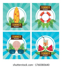 summer holiday label with set icons vector illustration design