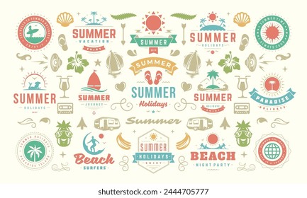 Summer holiday labels and badges design set retro typography for posters and t-shirts. Sun icons, beach vacation and tropical island with palm trees elements.