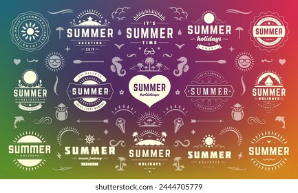 Summer holiday labels and badges design set retro typography for posters and t-shirts. Sun icons, beach vacation and tropical island with palm trees elements.