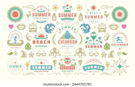 Summer holiday labels and badges design set retro typography for posters and t-shirts. Sun icons, beach vacation and tropical island with palm trees elements.