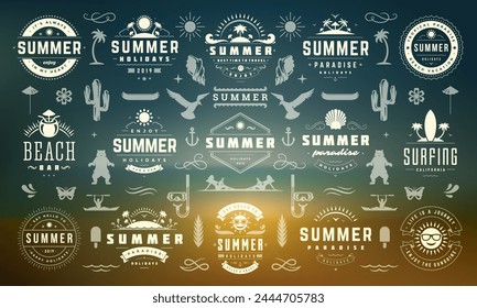 Summer holiday labels and badges design set retro typography for posters and t-shirts. Sun icons, beach vacation and tropical island with palm trees elements.