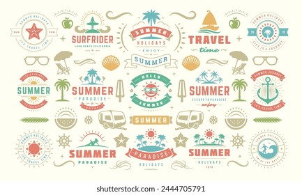 Summer holiday labels and badges design set retro typography for posters and t-shirts. Sun icons, beach vacation and tropical island with palm trees elements.