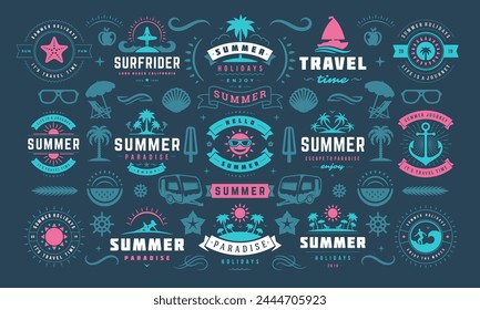 Summer holiday labels and badges design set retro typography for posters and t-shirts. Sun icons, beach vacation and tropical island with palm trees elements.