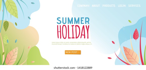 Summer Holiday Landing Page in Flat Style. Cartoon Banner Page with Gradient Backdrop and Natural Design. Template Advertising Places for Rest and Relax Outdoors on Weekend. Vector Illustration