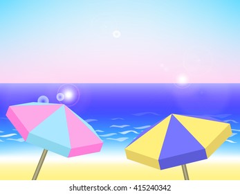 Summer holiday landscape, vector background with beach, umbrellas, sea and sky, summer vacation template, vector illustration with place for text, seaside holiday background with colorful umbrellas