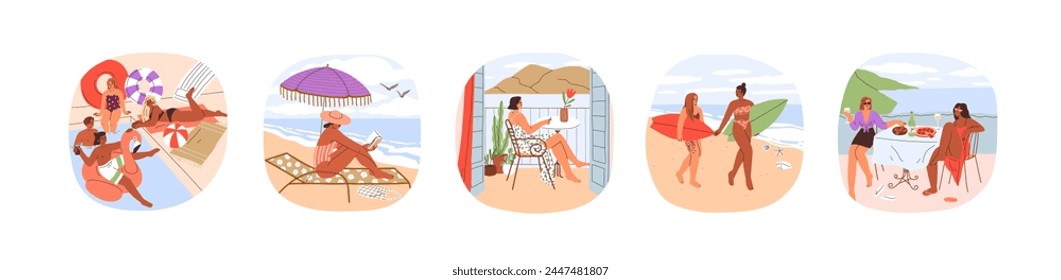 Summer holiday leisure set. Women tourists relaxing at pool, sunbathing, reading on beach, surfing on vacation. Rest, relaxation at sea resort. Flat vector illustration isolated on white background