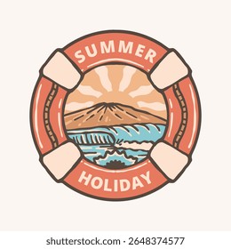 Summer Holiday Lifebuoy Badge with Mountain and Ocean Waves – Vintage Vector Illustration. t shirt print design