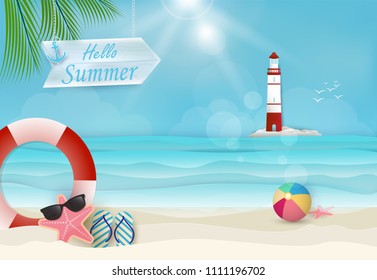 Summer holiday, lighthouse background, nautical concept. Paper art, paper craft style illustration