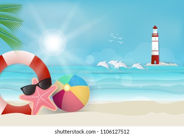 Summer holiday, lighthouse and dolphin background, nautical concept. Paper art, paper craft style illustration