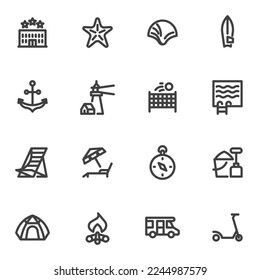 Summer holiday line icons set, outline vector symbol collection, linear style pictogram pack. Signs, logo illustration. Set includes icons as hotel, surfing, swimming pool, parasol, camping tent