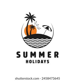 Summer holiday logo design concept with palm tree and sun with wave