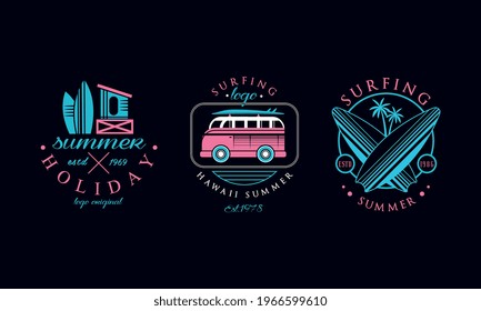 Summer Holiday Logo Original Design Set, Hawaii Surfing Retro Labels, Badges Vector Illustration